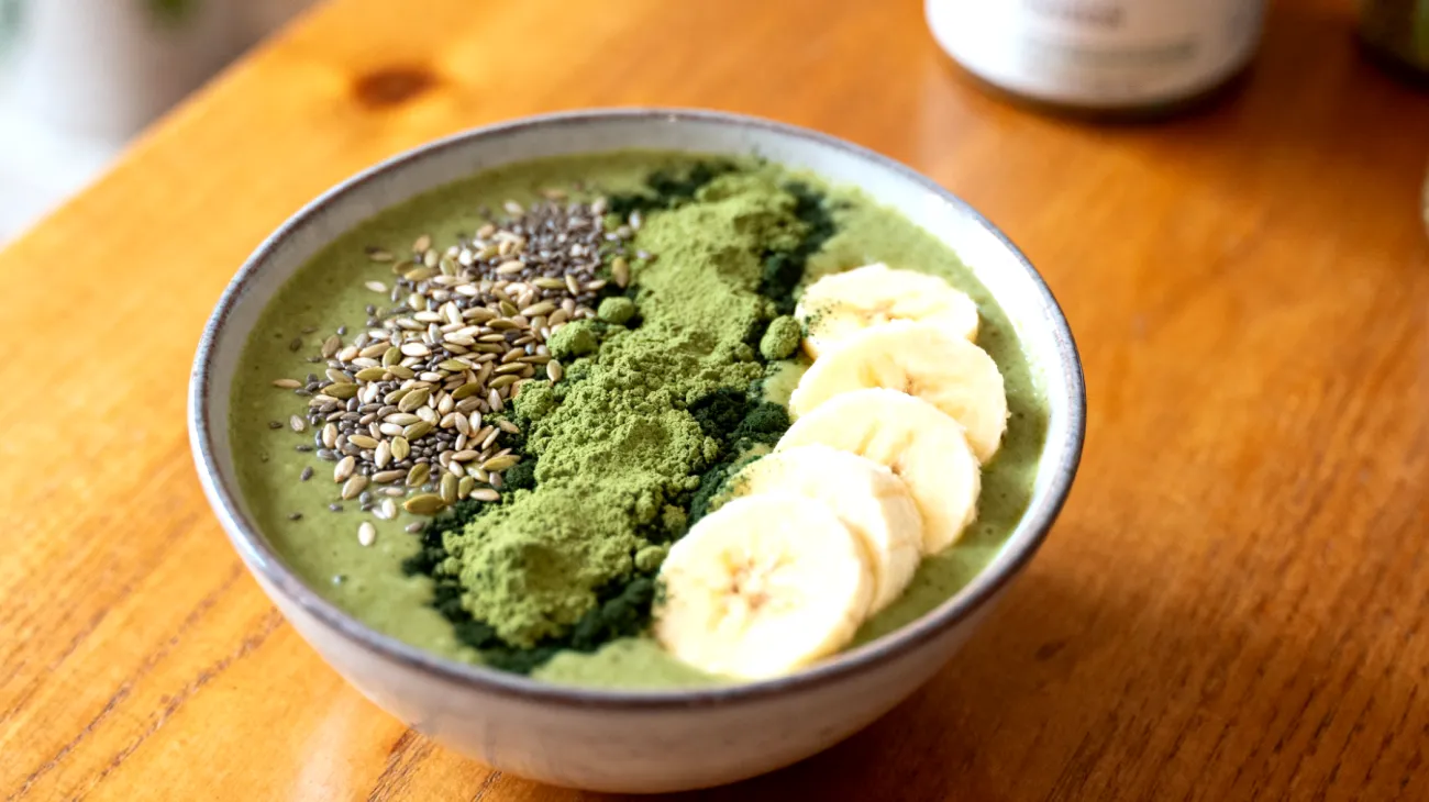 Smoothie bowl con semi di canapa, spirulina e banana"