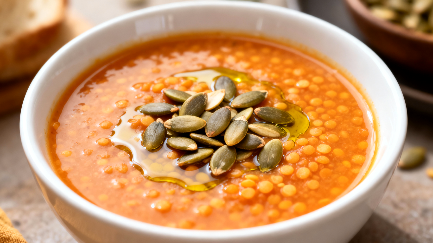 Zuppa di lenticchie rosse decorticate con semi di zucca tostati"